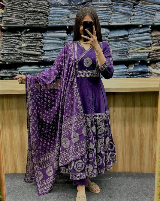 Purple Pure Malmal Cotton Bandhej Print Kurti