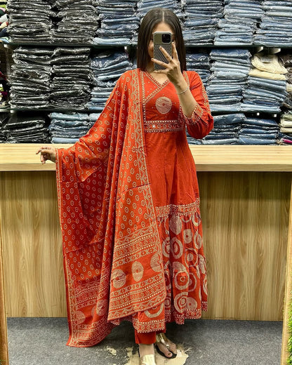 Orange Pure Malmal Cotton Bandhej Print Kurti