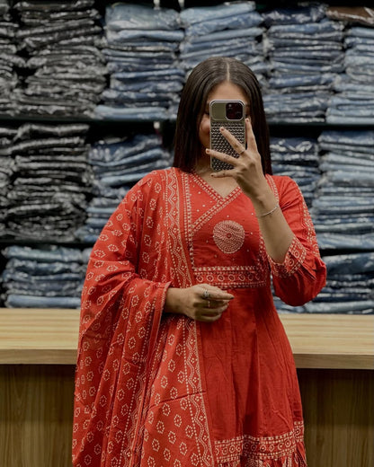 Orange Pure Malmal Cotton Bandhej Print Kurti