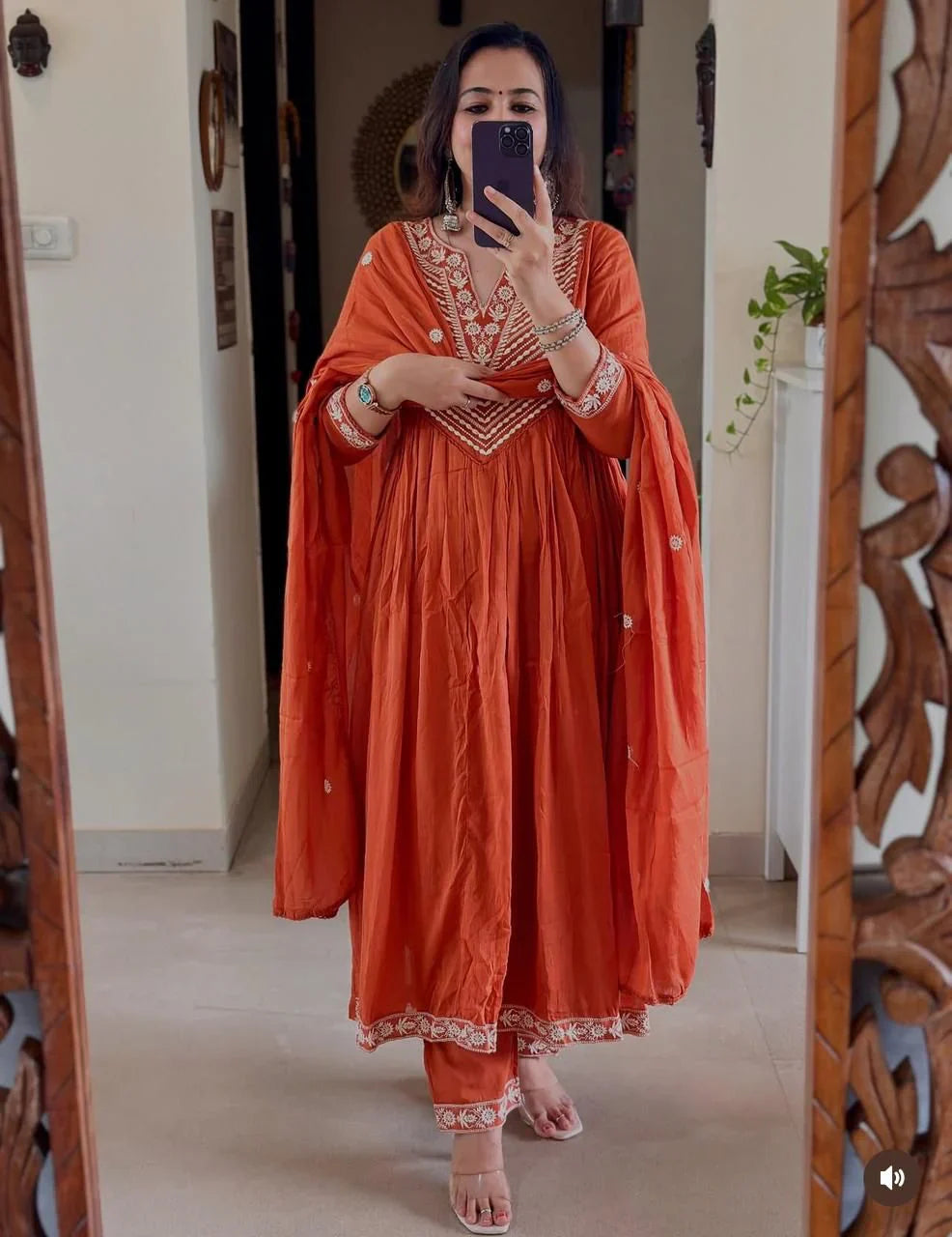 Rust Orange Embroidered Cotton Anarkali Set with Dupatta