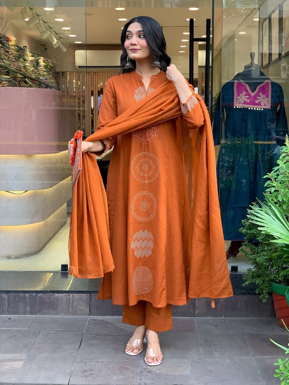 Rust Orange Embroidered Cotton Suit Set with Dupatta