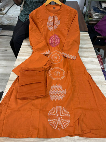 Rust Orange Embroidered Cotton Suit Set with Dupatta