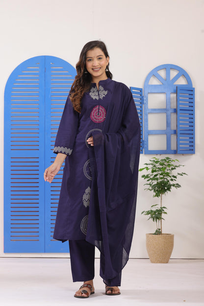 Navy Blue Embroidered Cotton Suit Set with Dupatta