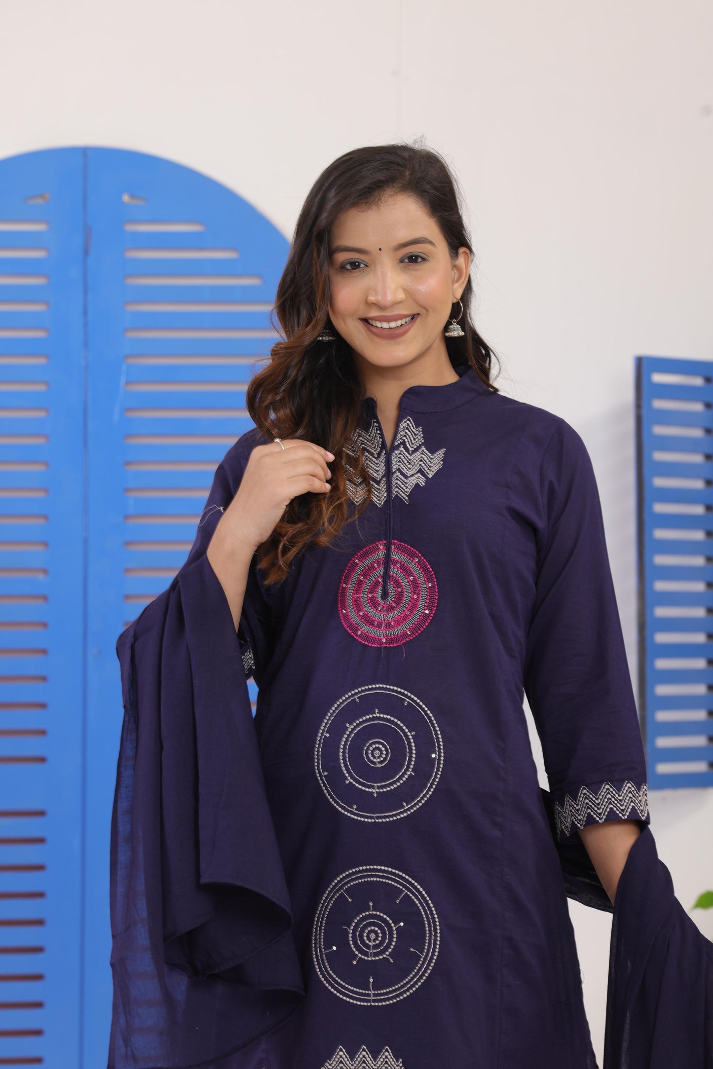 Navy Blue Embroidered Cotton Suit Set with Dupatta