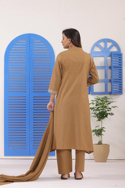 Beige Embroidered Cotton Suit Set with Dupatta