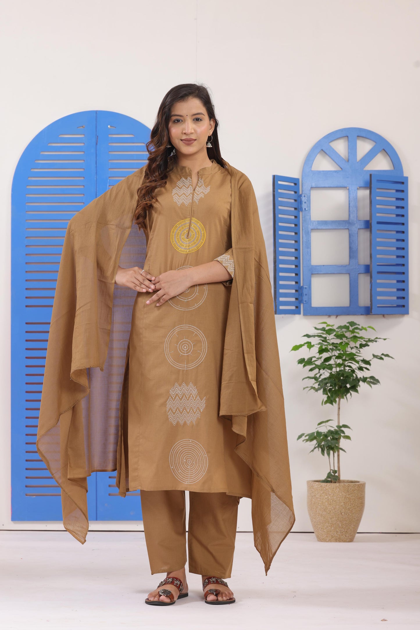 Beige Embroidered Cotton Suit Set with Dupatta