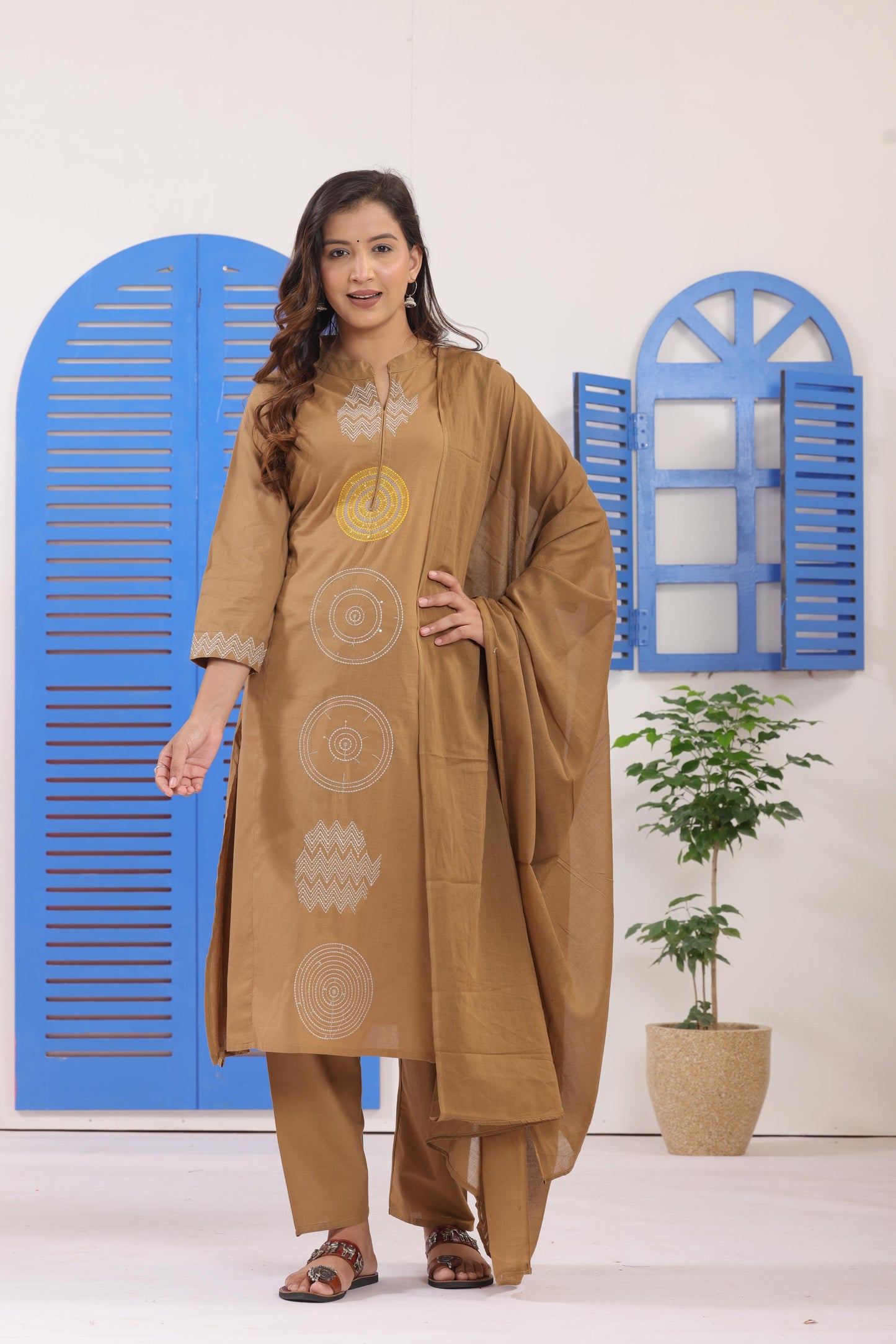 Beige Embroidered Cotton Suit Set with Dupatta