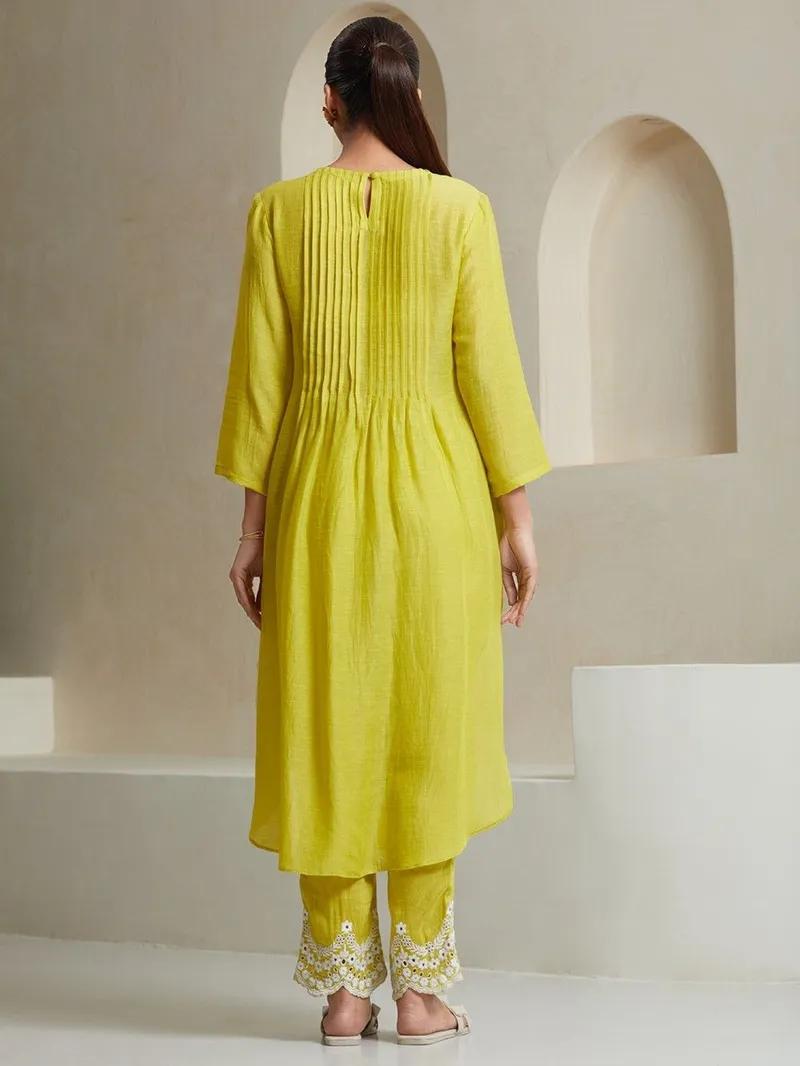 Lime Yellow Cotton Kurta Set with Checkered Dupatta
