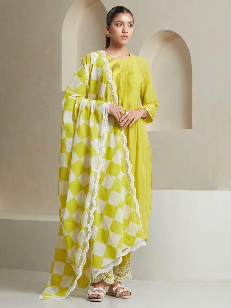 Lime Yellow Cotton Kurta Set with Checkered Dupatta
