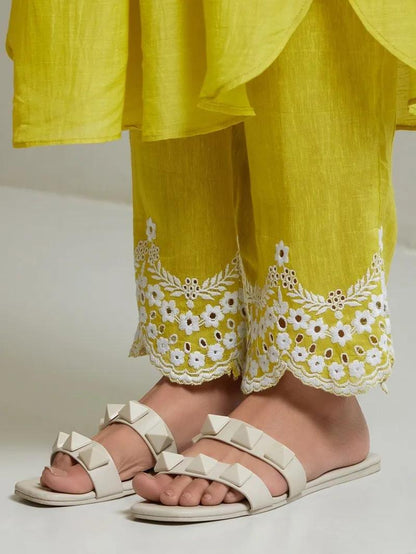 Lime Yellow Cotton Kurta Set with Checkered Dupatta
