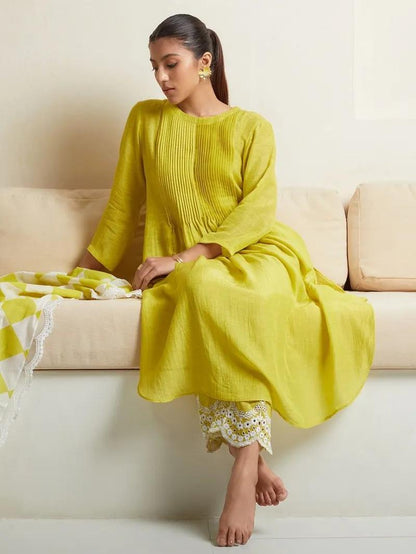 Lime Yellow Cotton Kurta Set with Checkered Dupatta