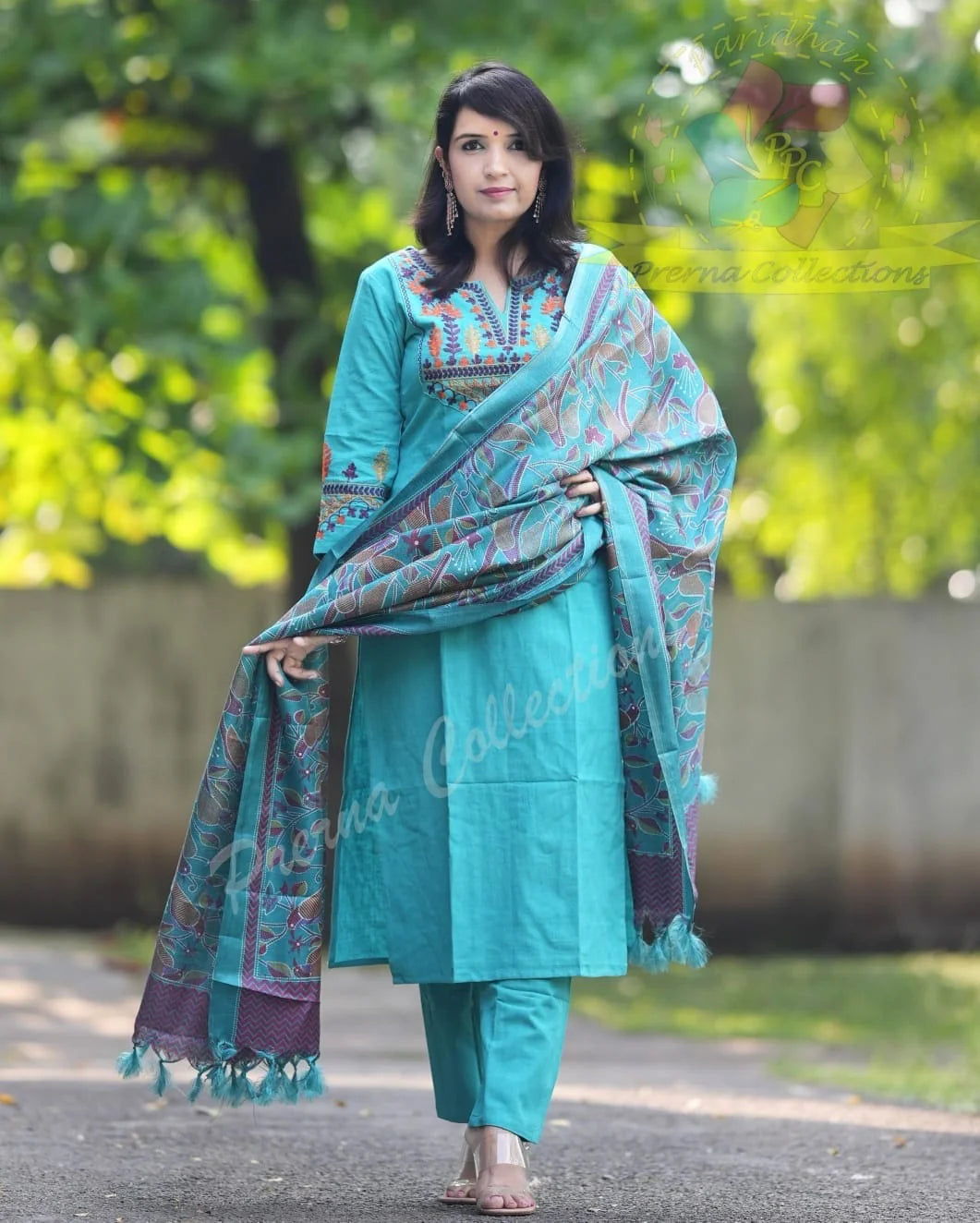 Elegant Teal Blue Cotton Kurta Set with Embroidered Neckline and Printed Dupatta