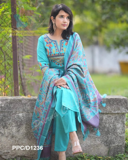 Elegant Teal Blue Cotton Kurta Set with Embroidered Neckline and Printed Dupatta