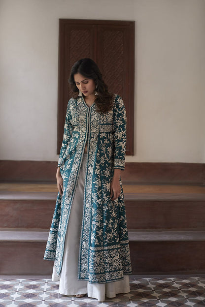 Elegant Teal Embroidered Long Jacket with White Inner Ensemble