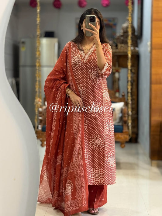 Rust Beautiful Cotton Kurti with Pant and Dupatta Set with Embroidery Work