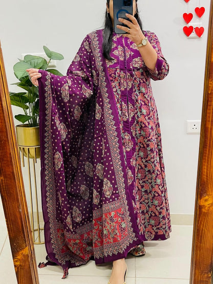 Purple Heritage Ajrakh Print Anarkali Kurti with Dupatta