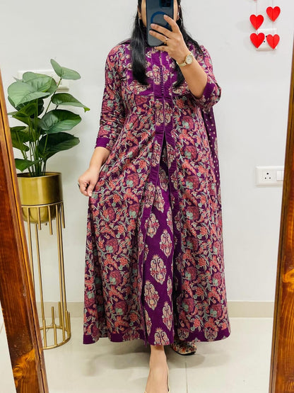 Purple Heritage Ajrakh Print Anarkali Kurti with Dupatta