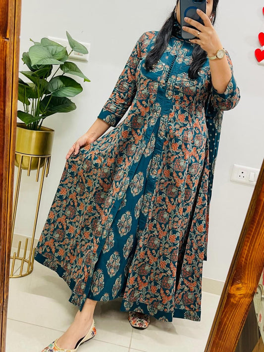 Blue Heritage Ajrakh Print Anarkali Kurti with Dupatta