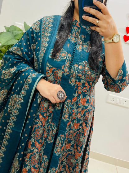 Blue Heritage Ajrakh Print Anarkali Kurti with Dupatta