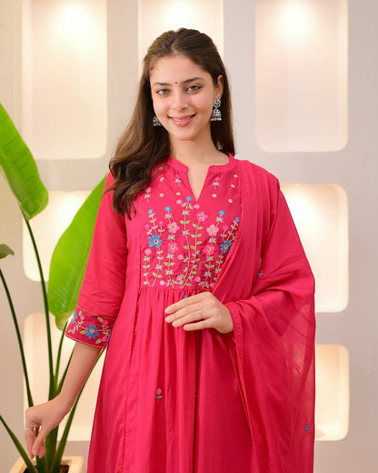 Pink Garden Threadwork A Line Mul Cotton Suit