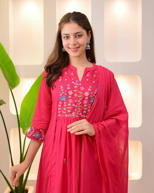 Pink Garden Threadwork A Line Mul Cotton Suit