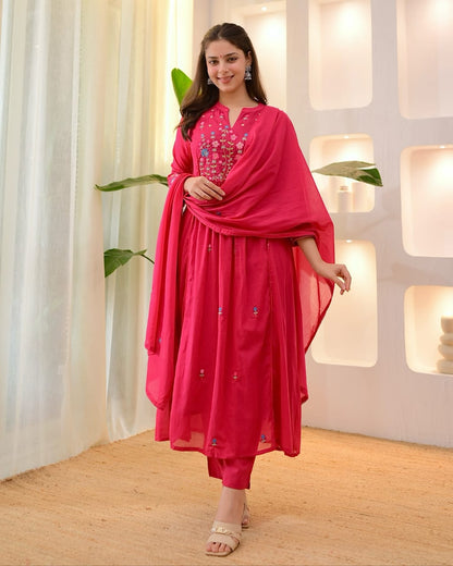 Pink Garden Threadwork A Line Mul Cotton Suit
