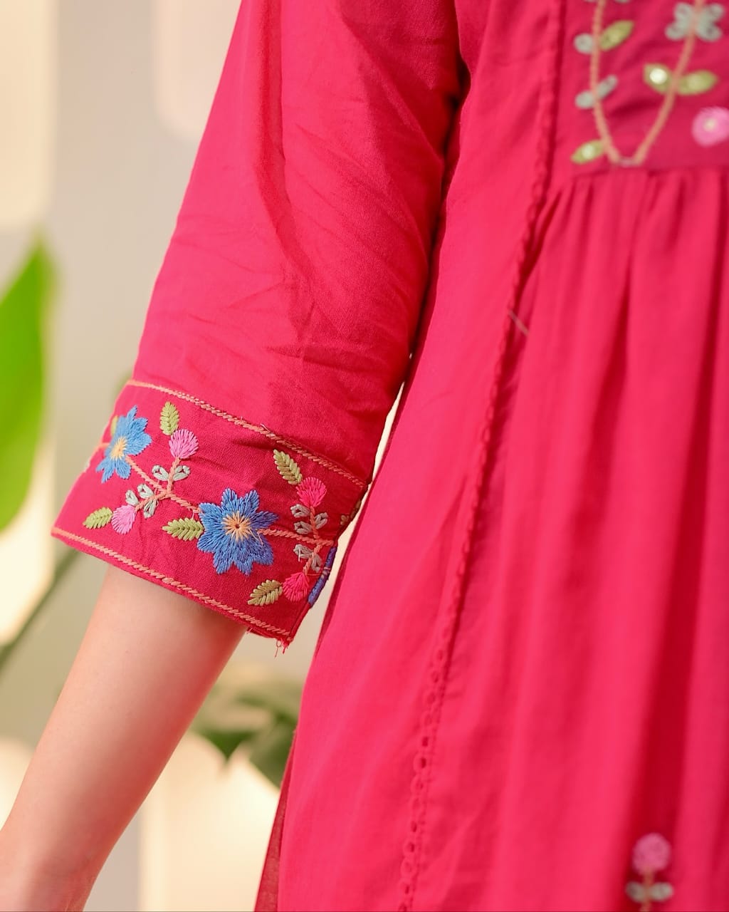 Pink Garden Threadwork A Line Mul Cotton Suit