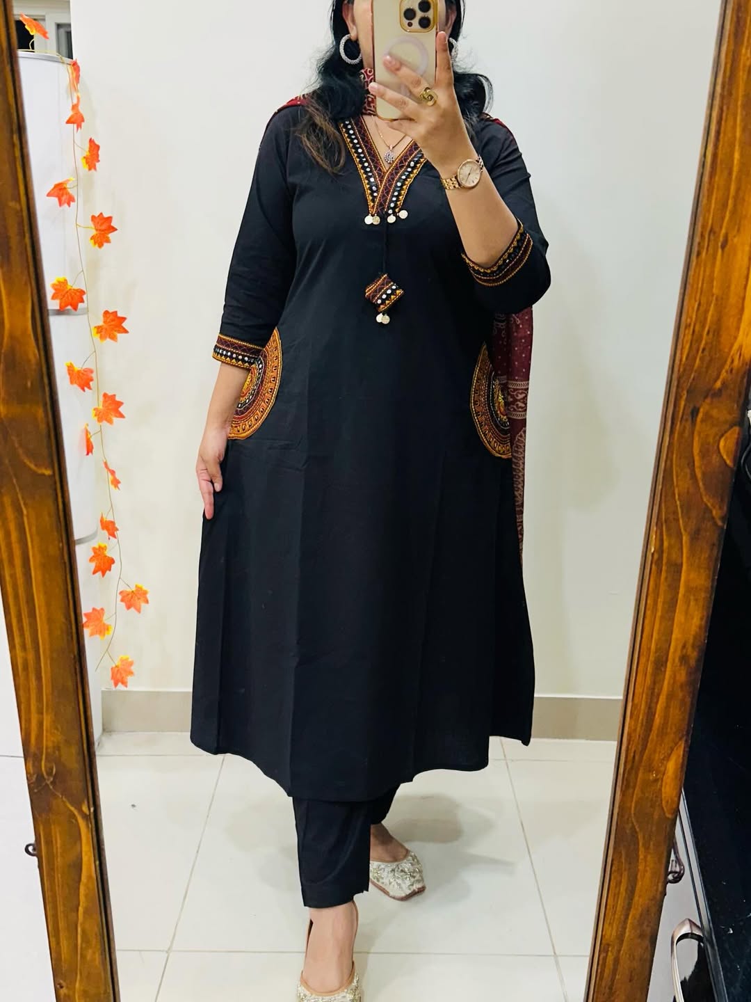 Women Black Cotton Rich Dhabu Embroidery Kurta Pant and Dupatta set