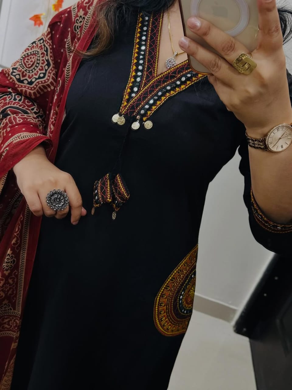 Women Black Cotton Rich Dhabu Embroidery Kurta Pant and Dupatta set