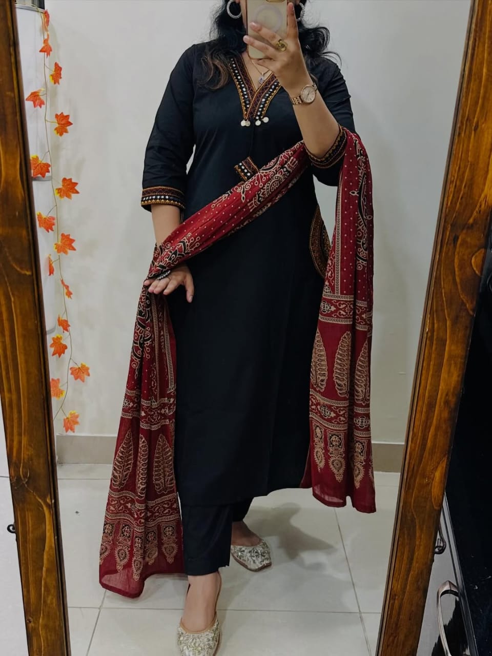 Women Black Cotton Rich Dhabu Embroidery Kurta Pant and Dupatta set