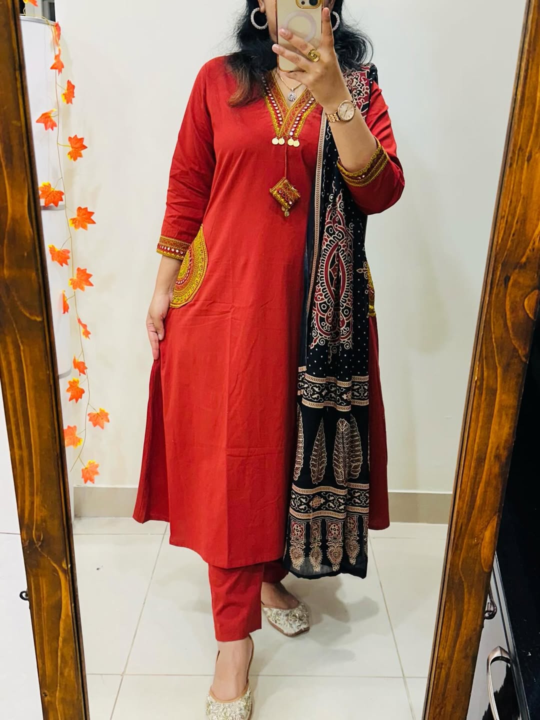 Women Red Cotton Rich Dhabu Embroidery Kurta Pant and Dupatta set