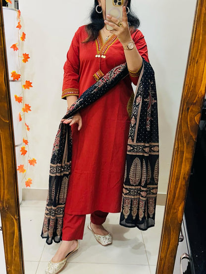 Women Red Cotton Rich Dhabu Embroidery Kurta Pant and Dupatta set