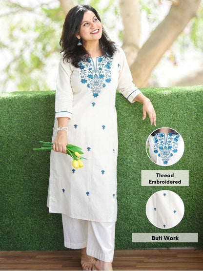Ivory White Thread-Embroidered Kurta Pant Set