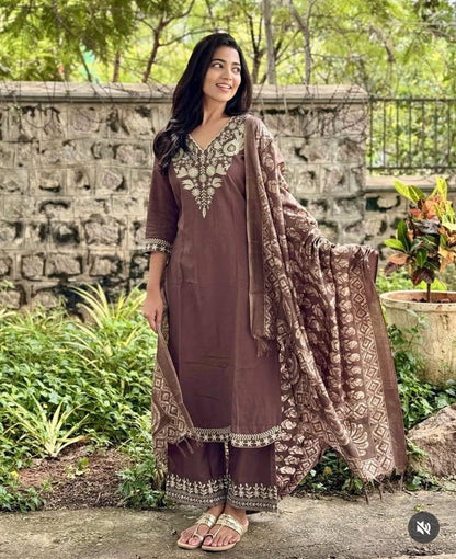 Mocha Brown Embroidered Kurta Pant Set with Printed Dupatta