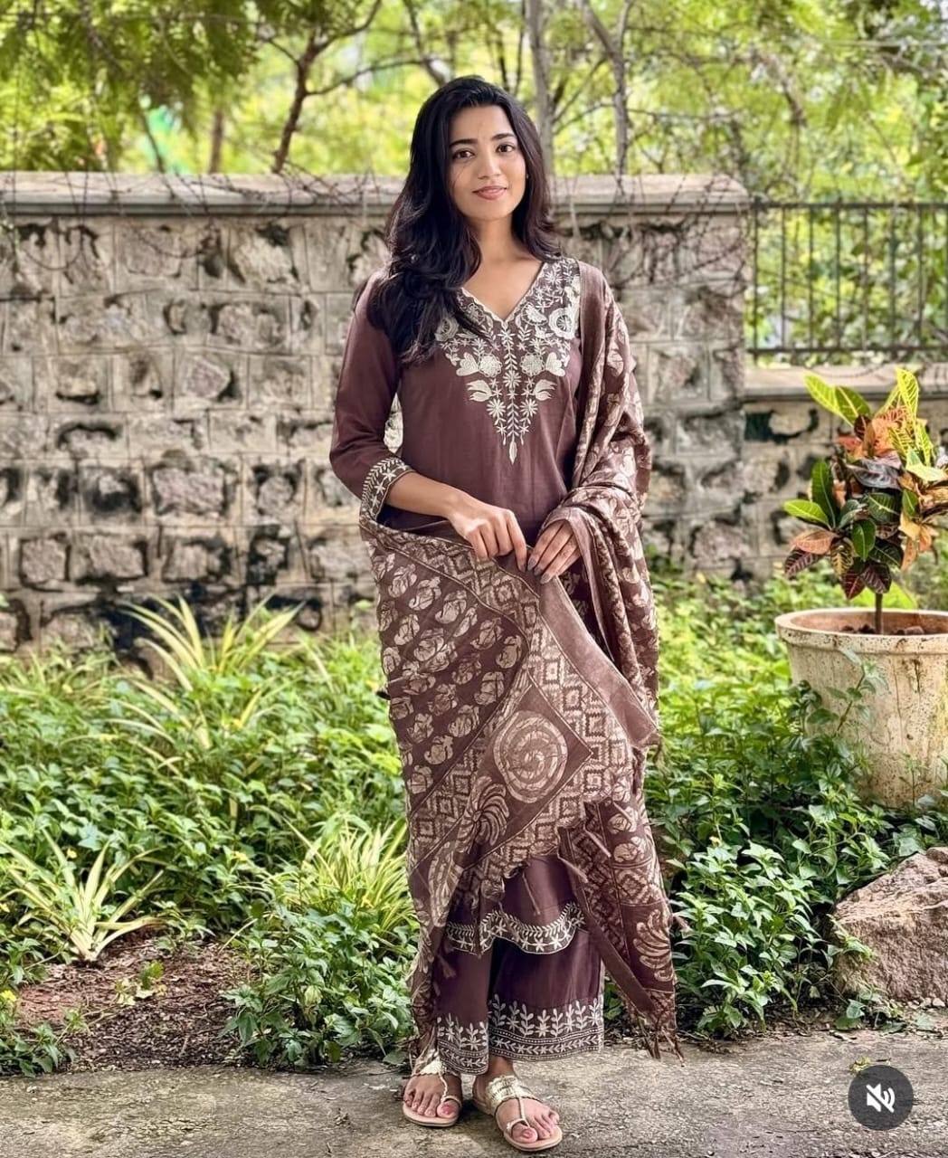 Mocha Brown Embroidered Kurta Pant Set with Printed Dupatta