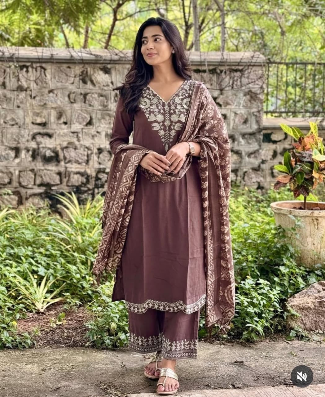 Mocha Brown Embroidered Kurta Pant Set with Printed Dupatta