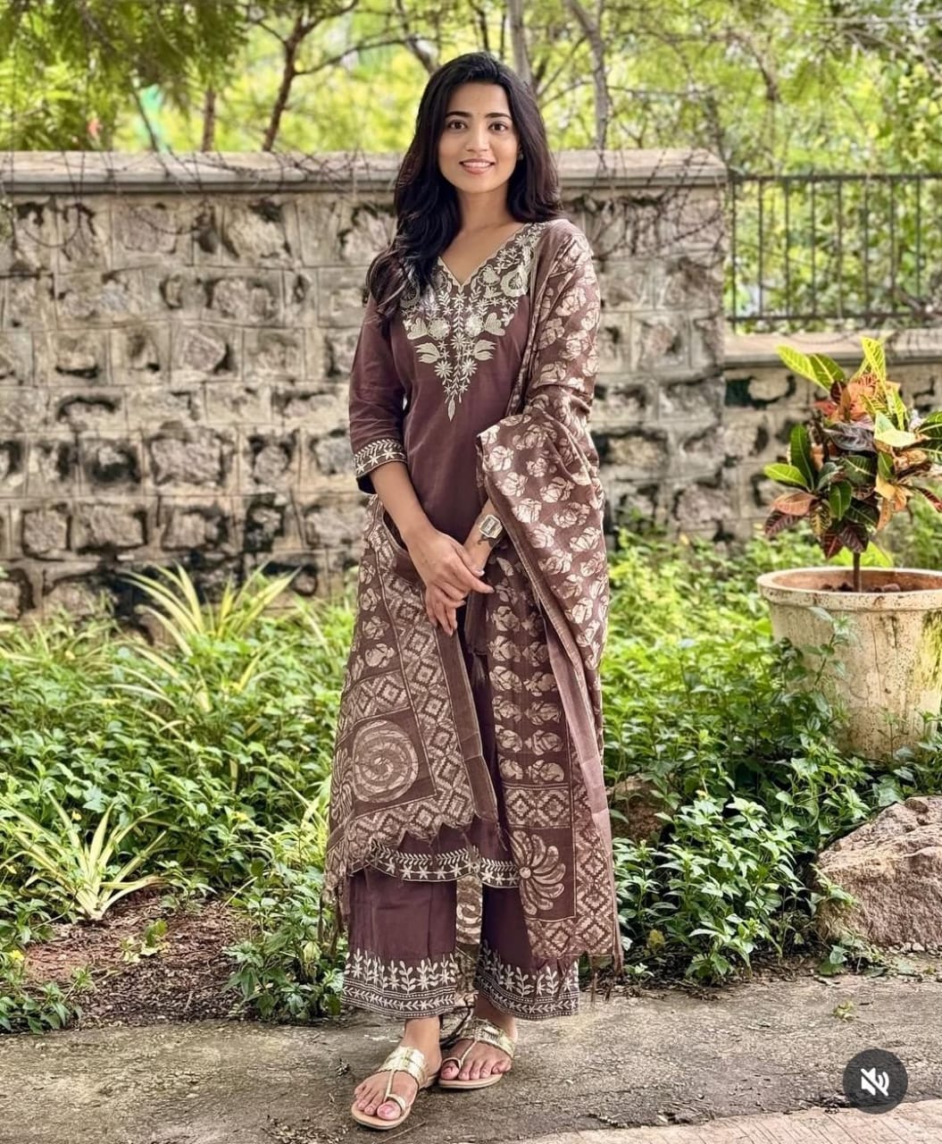 Mocha Brown Embroidered Kurta Pant Set with Printed Dupatta