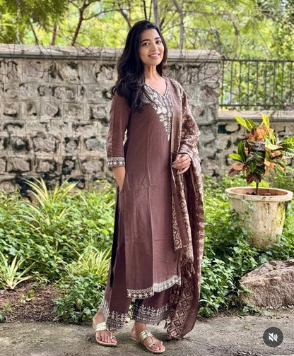 Mocha Brown Embroidered Kurta Pant Set with Printed Dupatta
