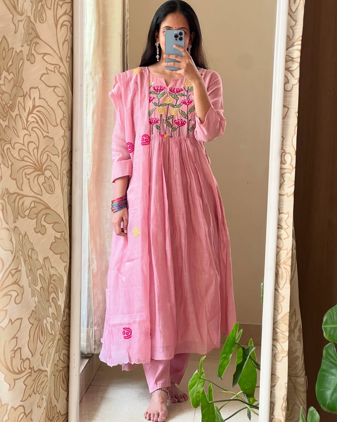Blush Pink Embroidered Cotton Kurta Set