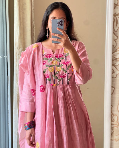 Blush Pink Embroidered Cotton Kurta Set