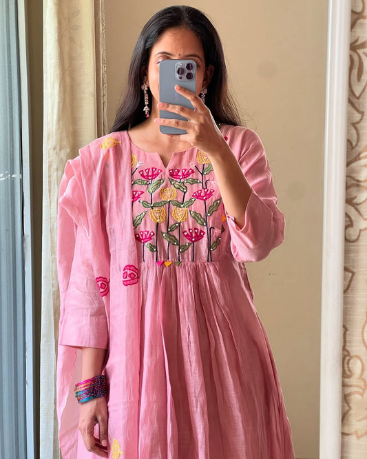 Blush Pink Embroidered Cotton Kurta Set
