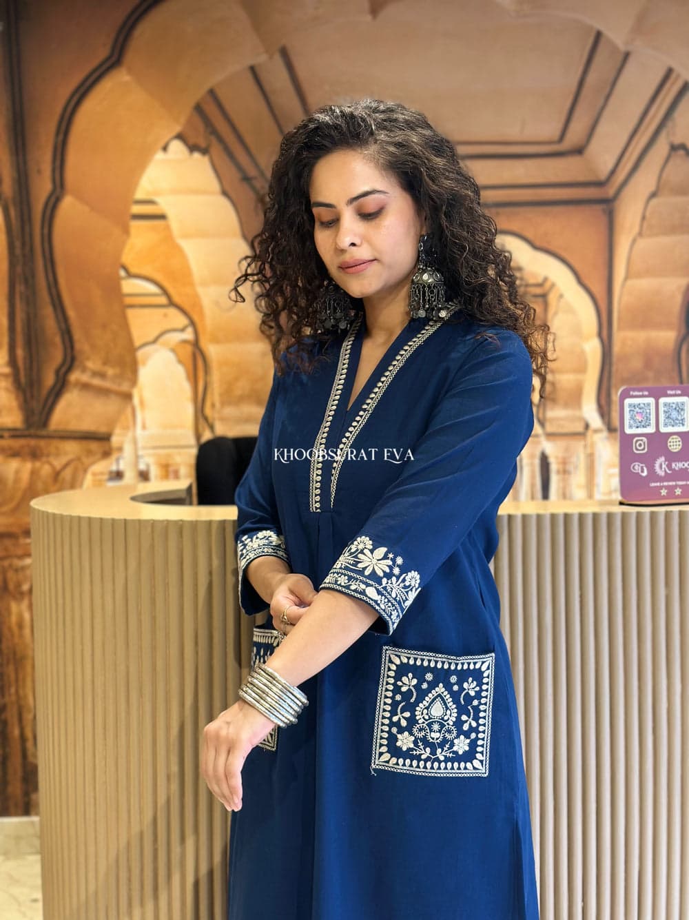 Royal Blue Cotton Kurta Set with Intricate White Embroidery and Statement Sleeves