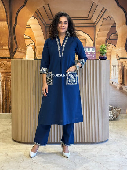Royal Blue Cotton Kurta Set with Intricate White Embroidery and Statement Sleeves
