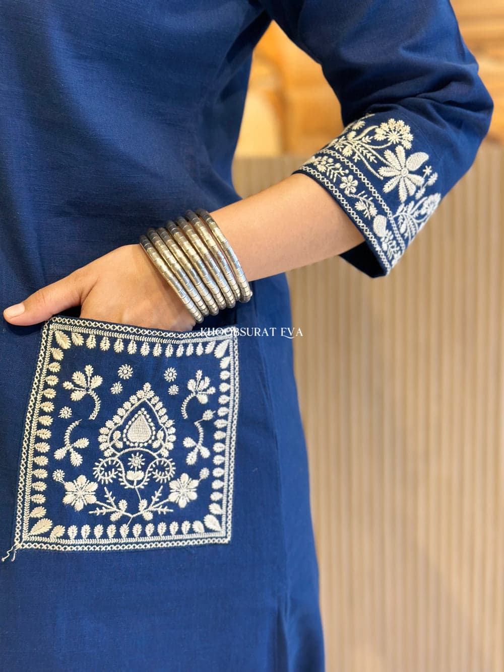 Royal Blue Cotton Kurta Set with Intricate White Embroidery and Statement Sleeves