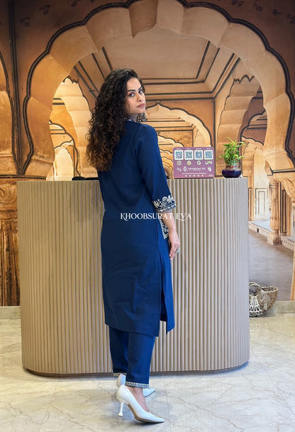 Royal Blue Cotton Kurta Set with Intricate White Embroidery and Statement Sleeves