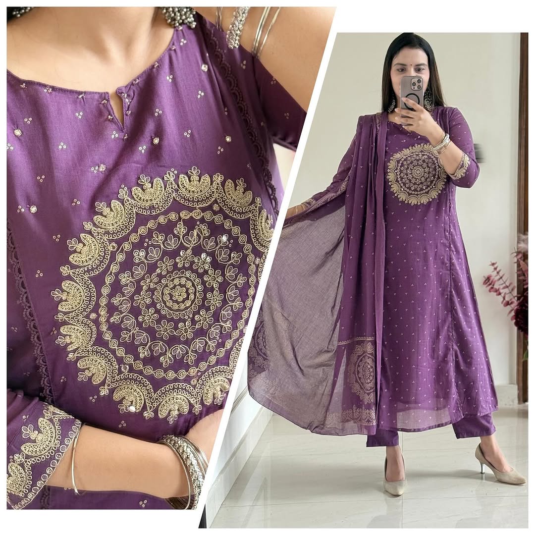 Purple Elegant A-Line Kurti with Embroidery & Dupatta