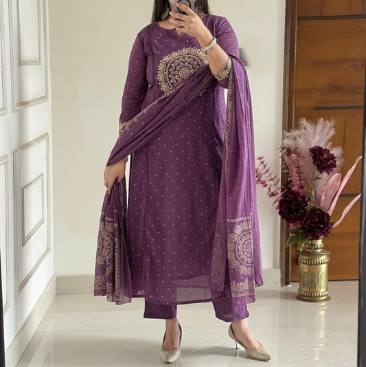 Purple Elegant A-Line Kurti with Embroidery & Dupatta
