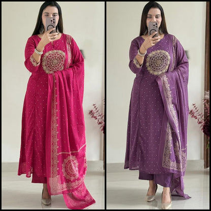 Purple Elegant A-Line Kurti with Embroidery & Dupatta