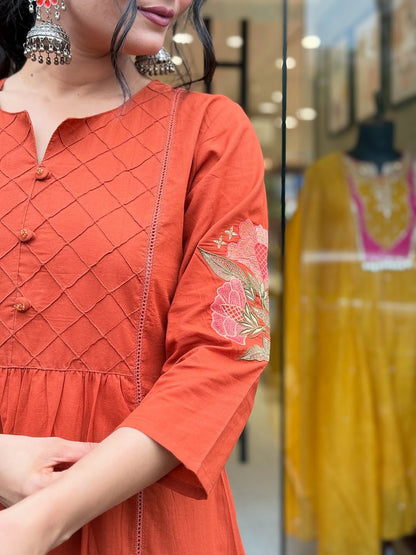 Embroidered Straight A-Line Kurta with One-Side Pocket