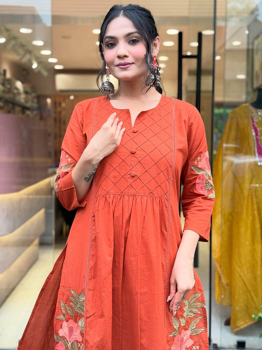 Embroidered Straight A-Line Kurta with One-Side Pocket